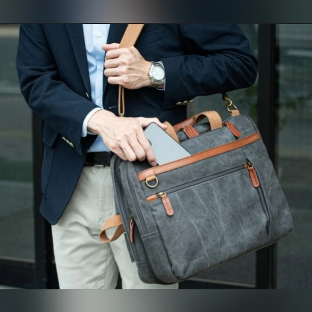 Gray Canvas Messenger Bag And Backpack with Tan Accents - Estarer